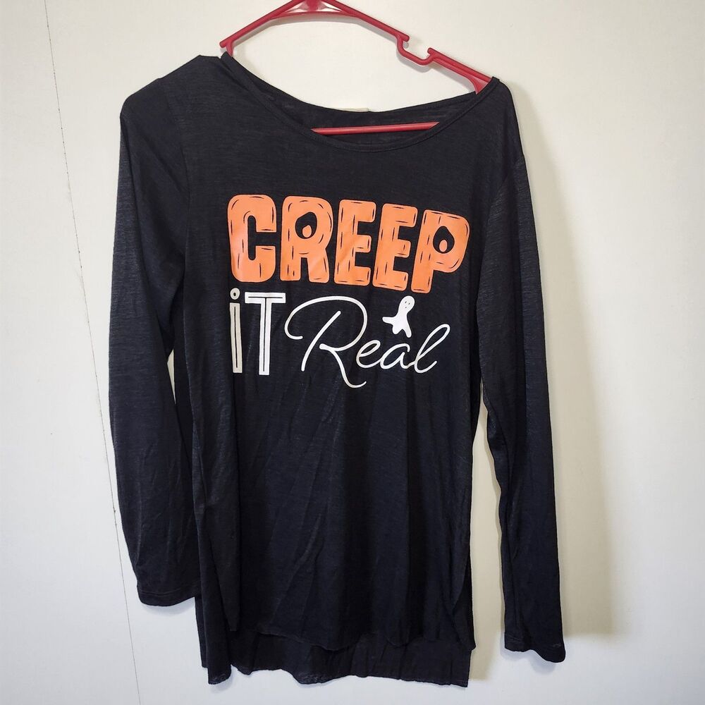 Creep It Real Halloween Shirt Small Black Long Sleeve Graphic Tee Ghost Pun S